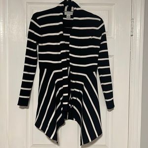 Black and white open front cardigan sweater